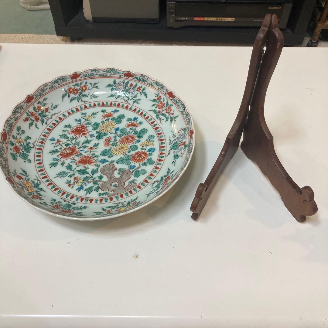 清水焼　平安一星作　彩色菊花大鉢　皿立て付き　直径30㎝　アンティーク