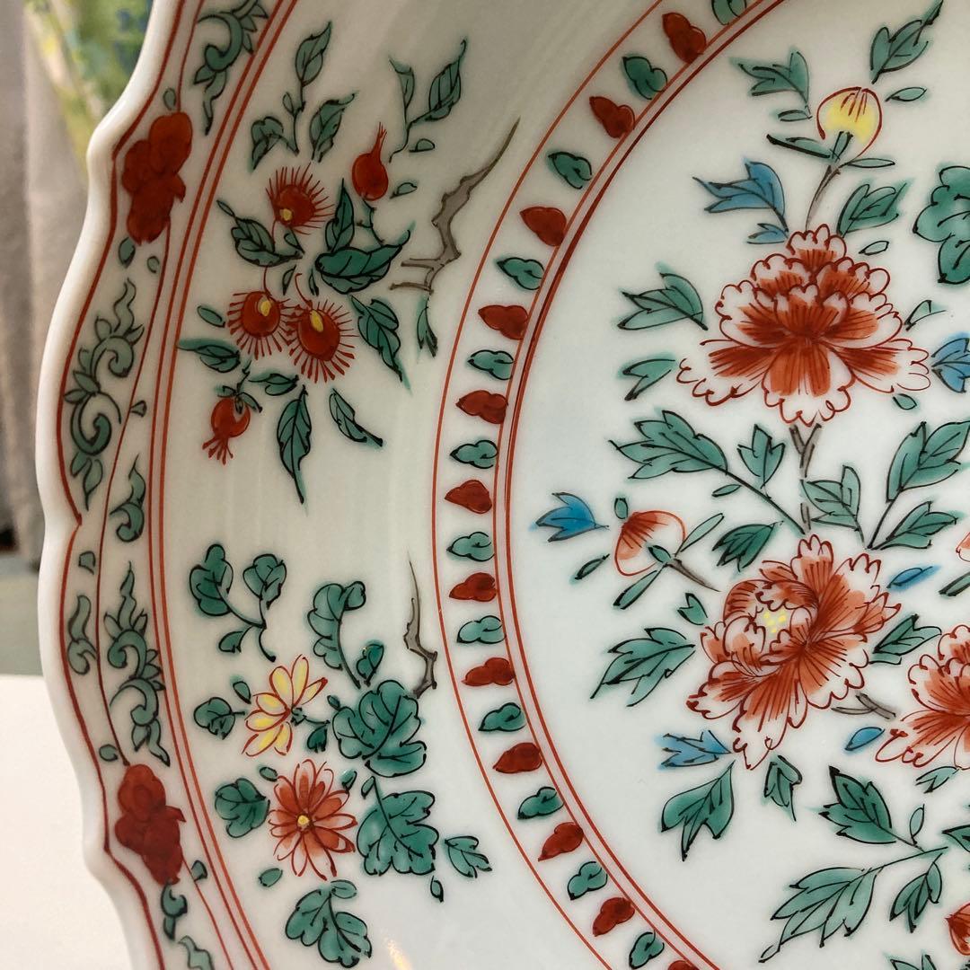 清水焼　平安一星作　彩色菊花大鉢　皿立て付き　直径30㎝　アンティーク