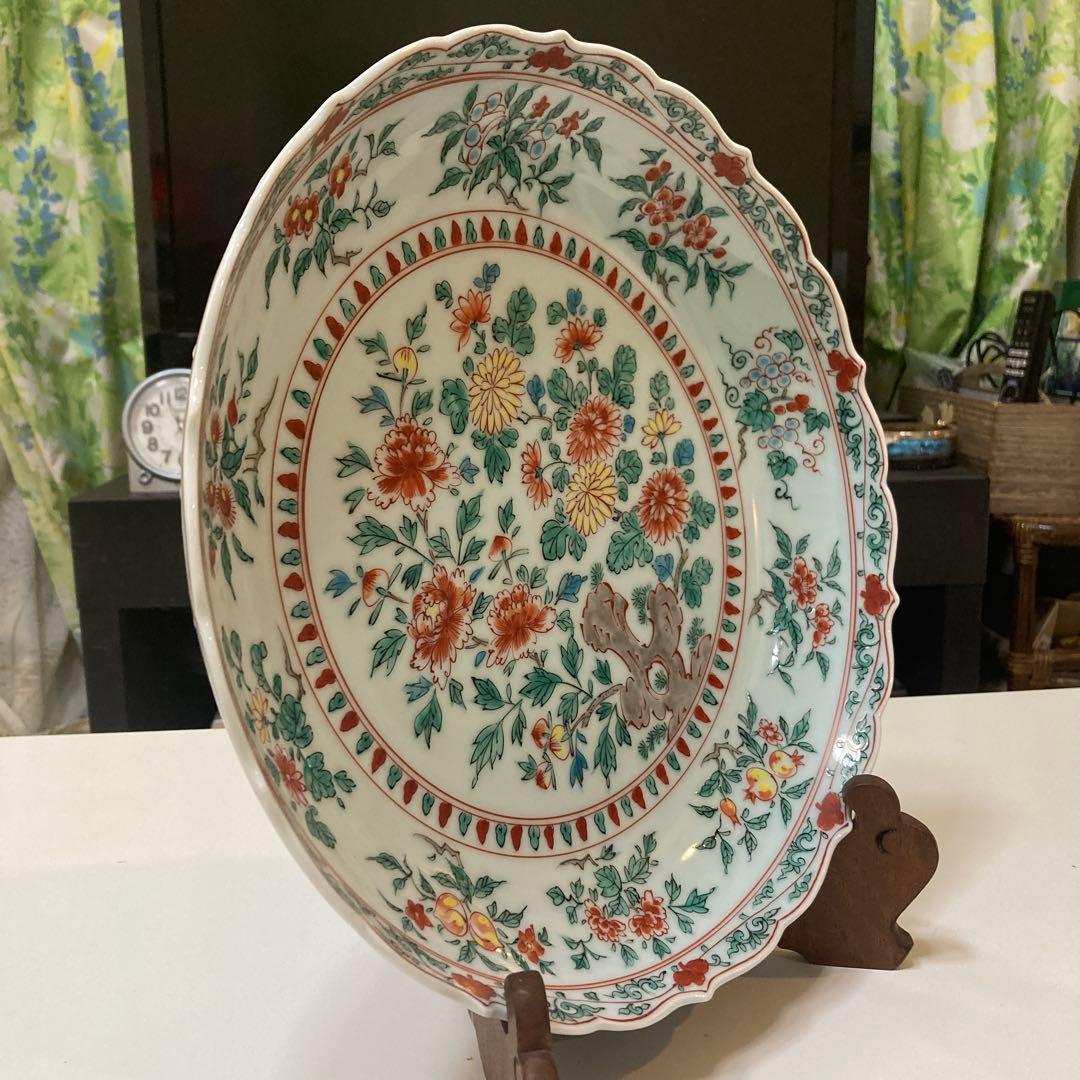 清水焼　平安一星作　彩色菊花大鉢　皿立て付き　直径30㎝　アンティーク