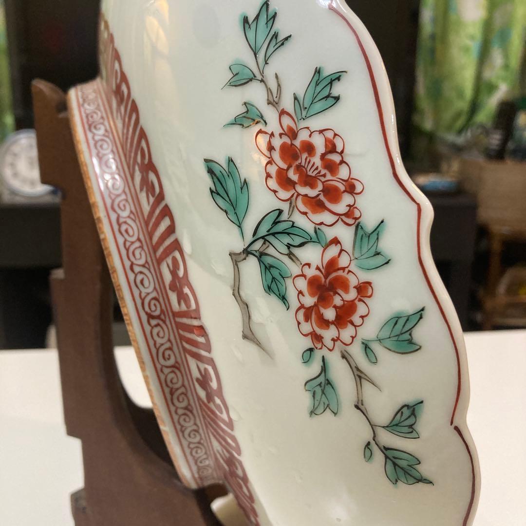 清水焼　平安一星作　彩色菊花大鉢　皿立て付き　直径30㎝　アンティーク