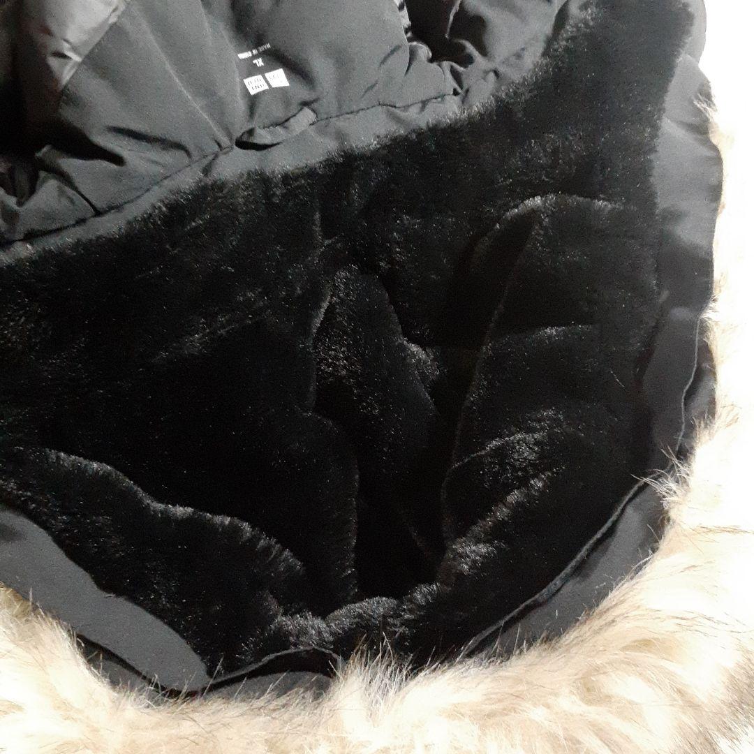 ユニクロ　大きめサイズXL　ダウンロングコート　黒　ファー付フード内ベロア　美品