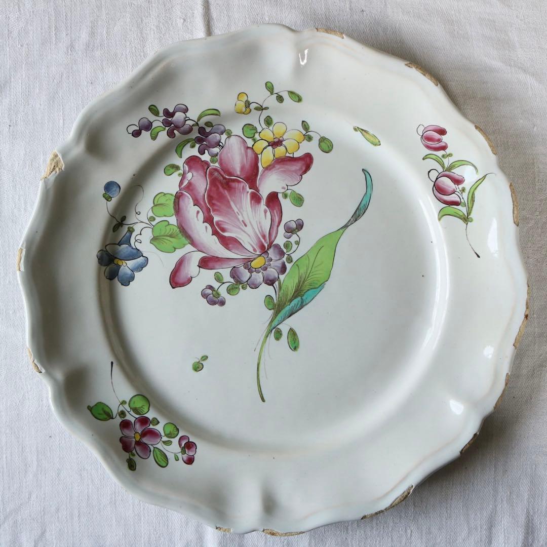 フランス　アンティーク　プレート　南仏　手描き　チューリップ　手彩色　ぽってり