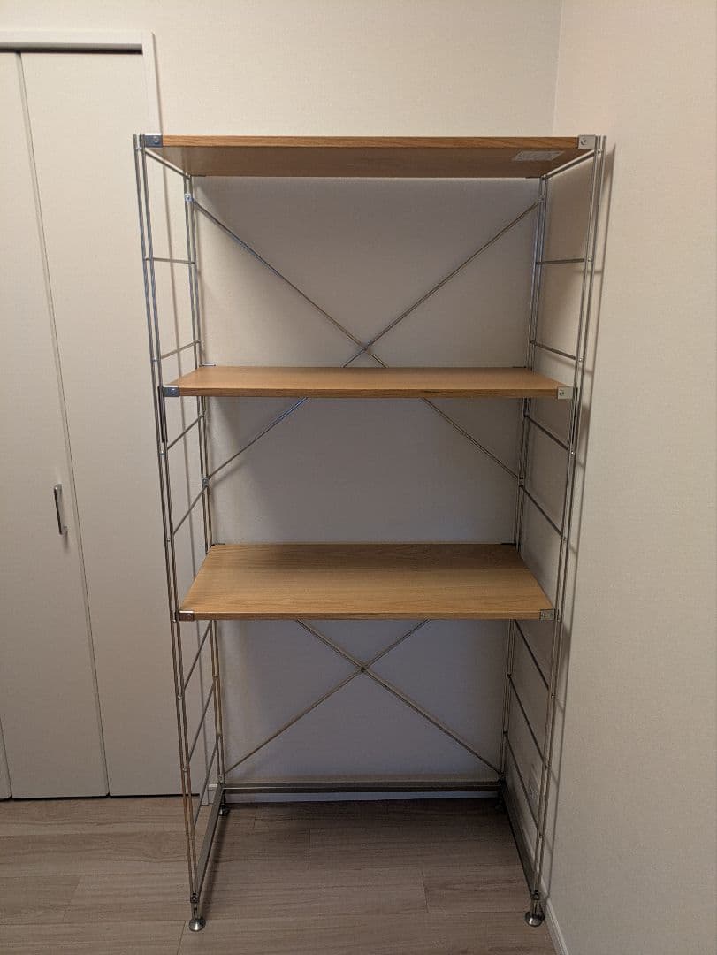 [組立済]ステンレスユニットシェルフ オーク材デスクセット
