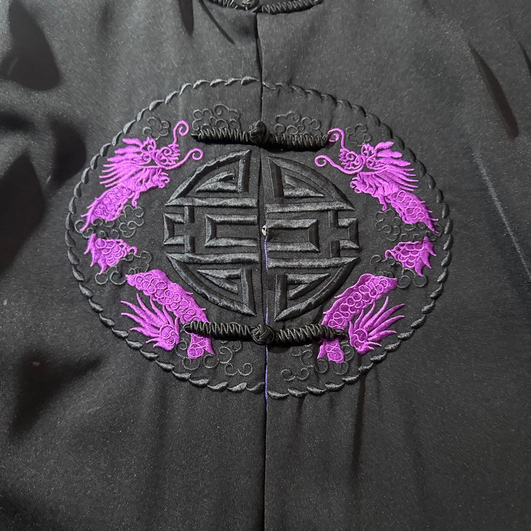 プ*チ様 Silver Dragon 龍刺繍 チャイナジャケット 黒×紫 XL