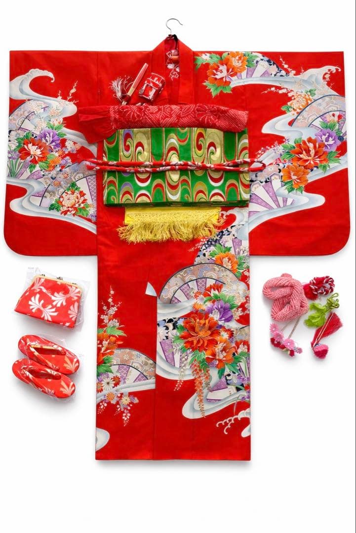 フルセット　七五三７歳女の子　着物　朱地　薄手　緑袋帯　小物セット
