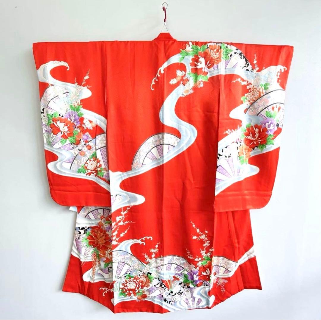 フルセット　七五三７歳女の子　着物　朱地　薄手　緑袋帯　小物セット