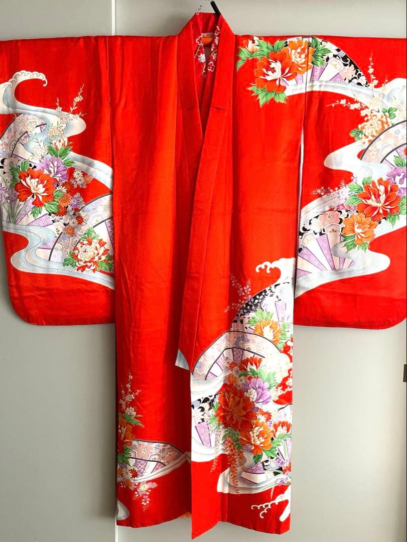 フルセット　七五三７歳女の子　着物　朱地　薄手　緑袋帯　小物セット