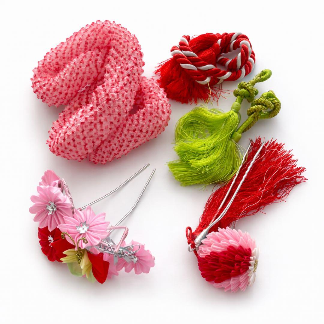 フルセット　七五三７歳女の子　着物　朱地　薄手　緑袋帯　小物セット