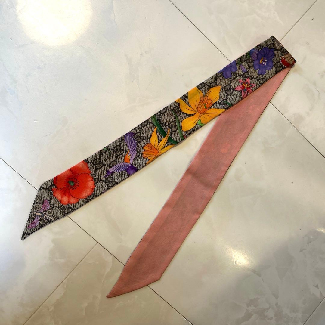 《12/16迄特価》 GUCCI スカーフ　桃　GGフローラプリントシルクリボン