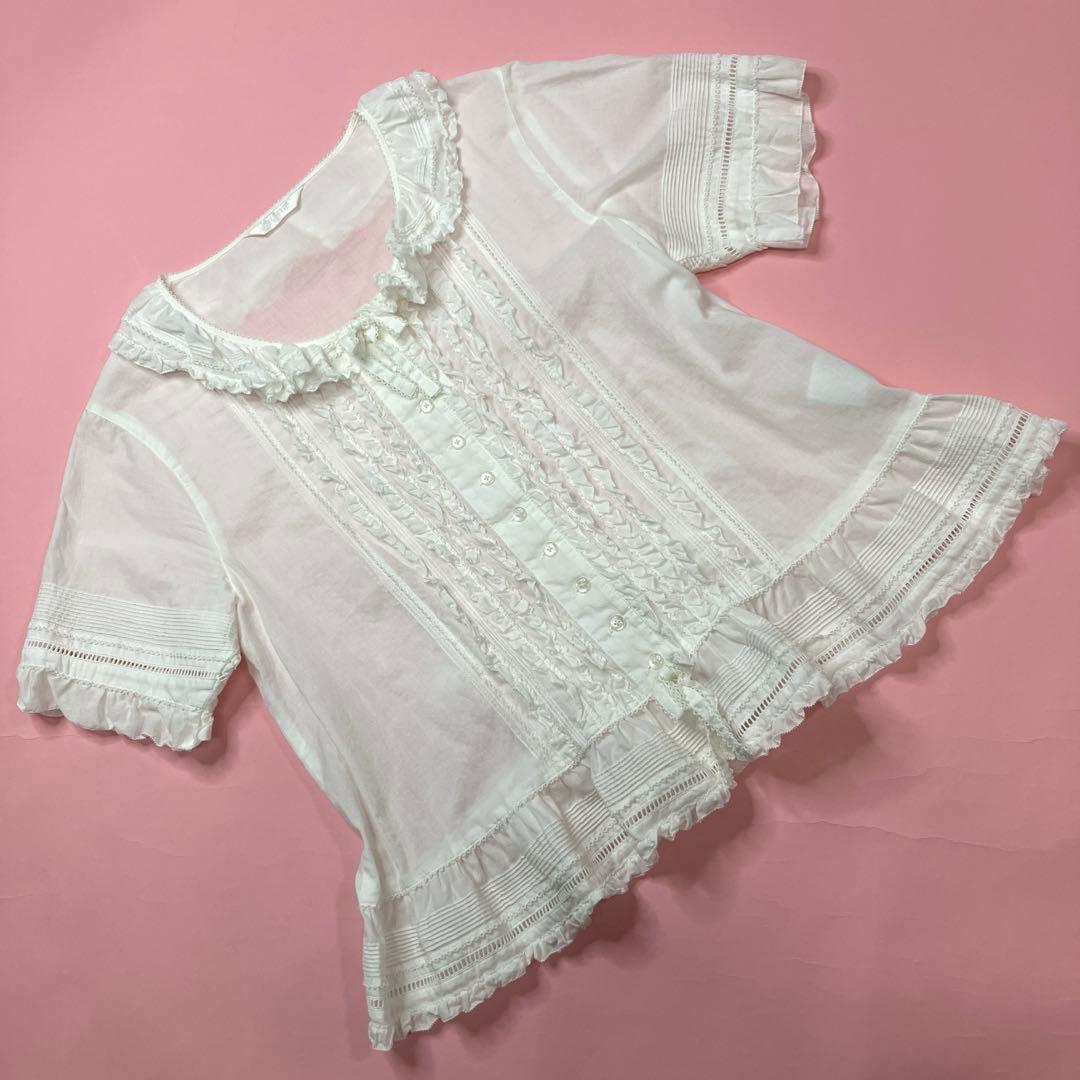 【美品】ピンクハウス 白 ピコフリル ピンタック 使い 綿ローンオーバーブラウス