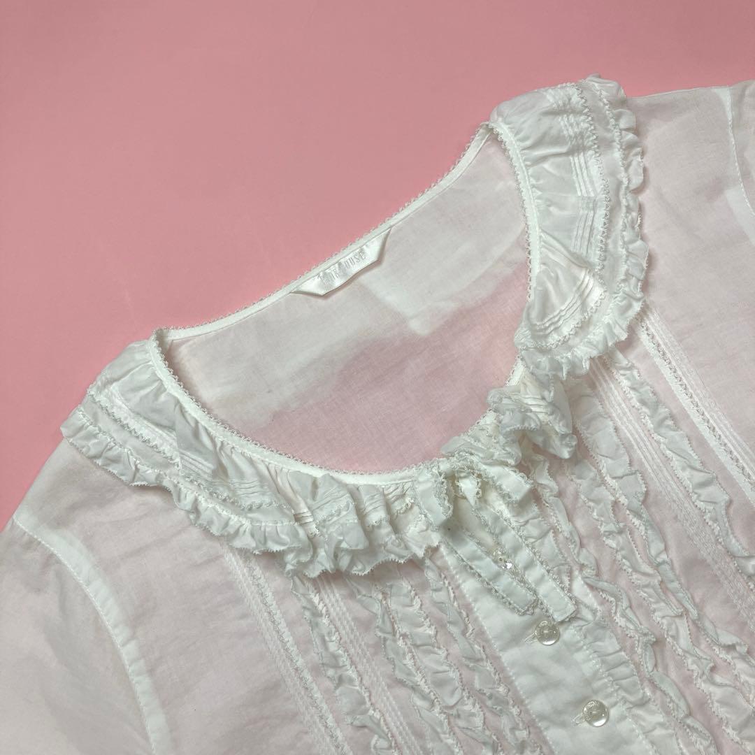 【美品】ピンクハウス 白 ピコフリル ピンタック 使い 綿ローンオーバーブラウス