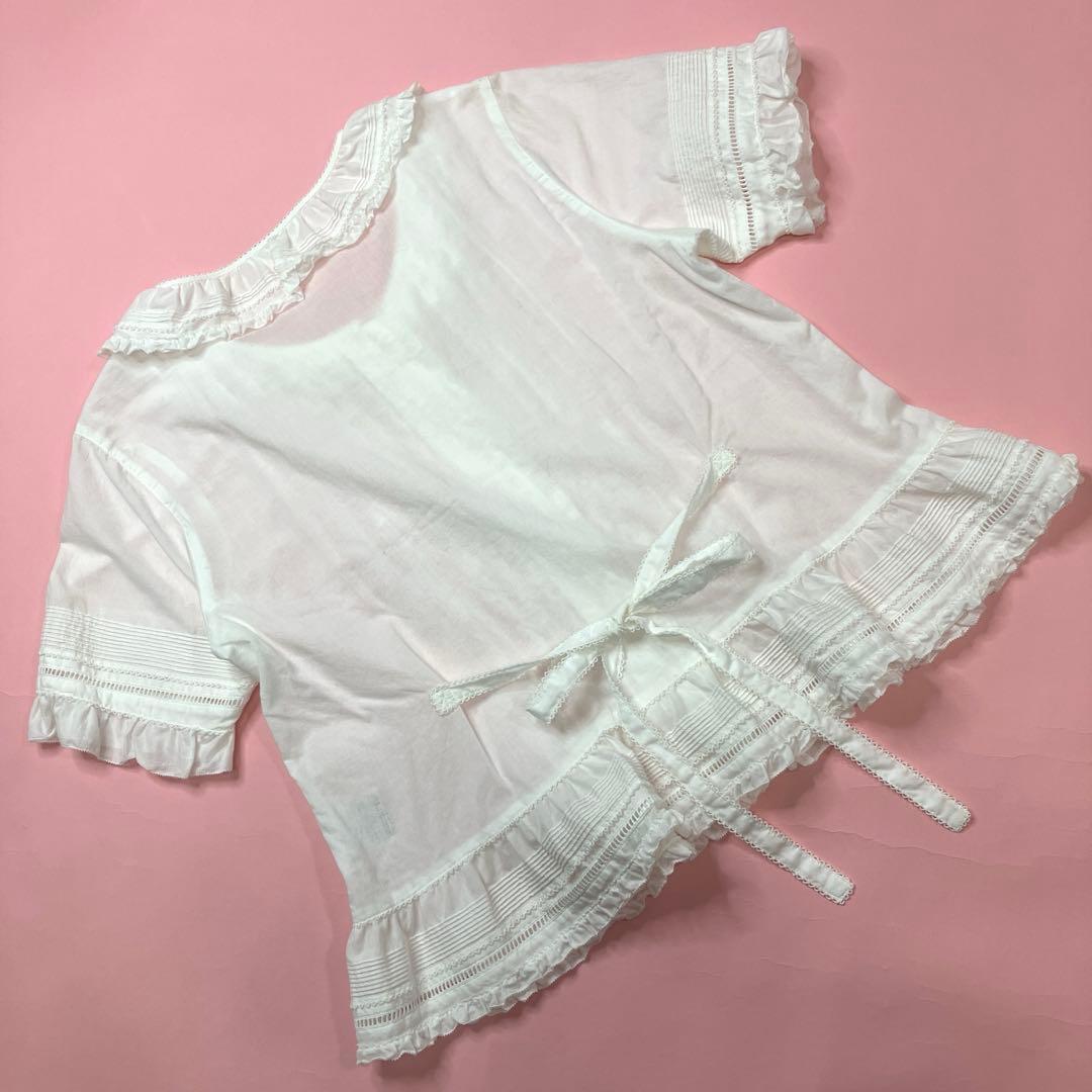 【美品】ピンクハウス 白 ピコフリル ピンタック 使い 綿ローンオーバーブラウス