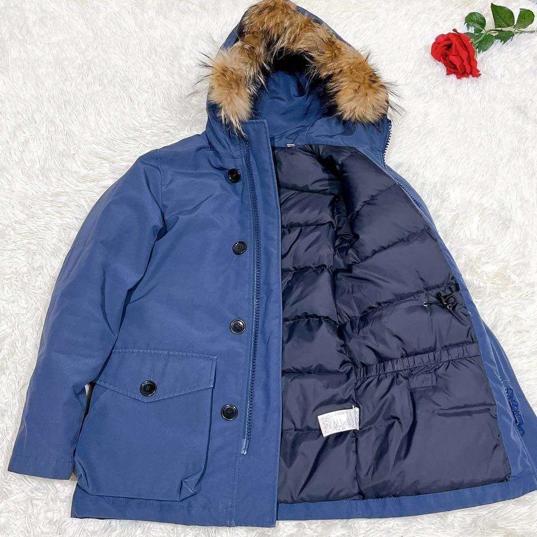 極美品✨　DANTON　フーデッドダウンジャケット　ファー付き　ブルー　34