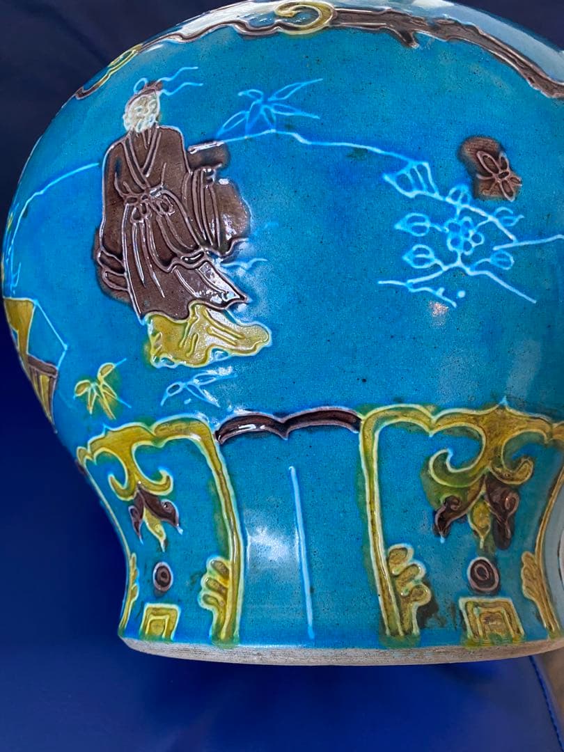 中国明代珐華彩携琴訪友紋大缶サイズ高さ約25cm径30×口16cm