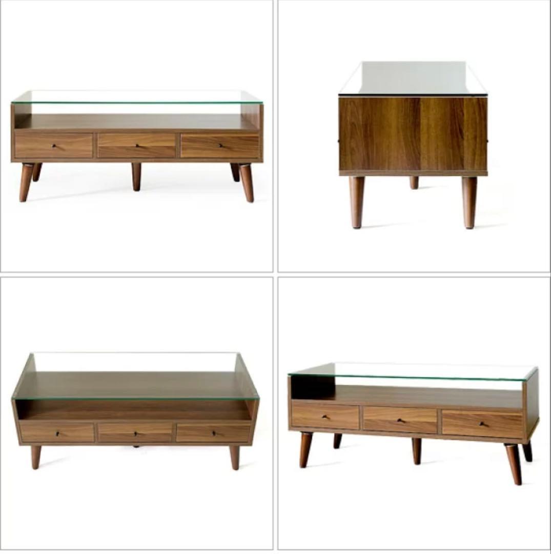 モダンセンターテーブル ローテーブル　ガラス天板 3引き出し付き　ROLFロルフ