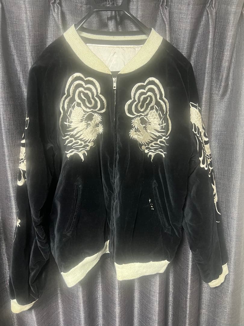 黒　スカジャン　ベロア　刺繍　CROWS by B.S.C