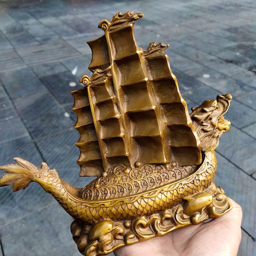 銅器 順風満帆 龍頭帆船 置物 書道具 文房具 装飾品 現代工芸品 美術品
