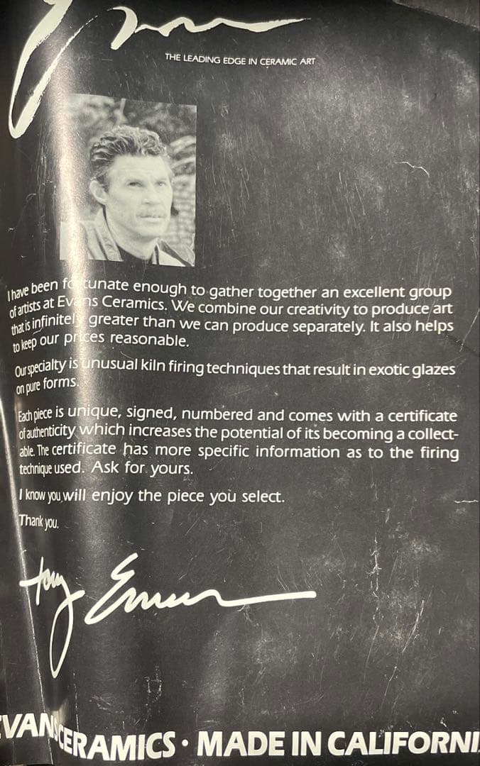 トニー・エヴァンス サイン入り 大型 楽焼 カリフォルニア セラミック