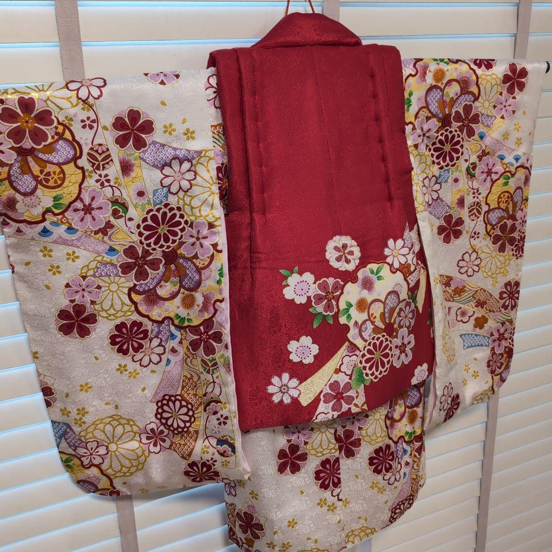 3歳　七五三　赤　花　女の子　花ひめ　6点セット　和装　着物　下駄　髪飾り