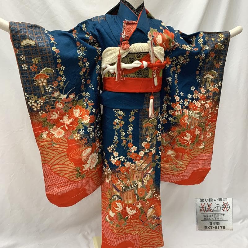 601ag46□七五三 七歳 女児 着物&袋帯 金彩 御所車 鴛鴦□状態良好