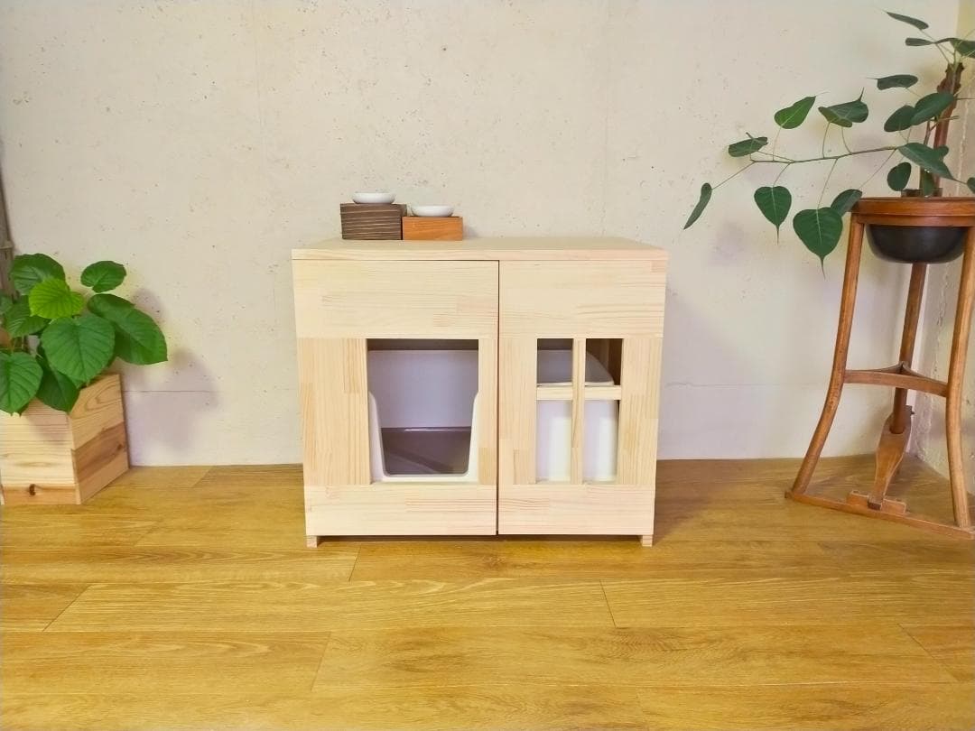 デオトイレ快適ワイドにぴったりな猫トイレカバー　ストッカー付き　(無塗装)