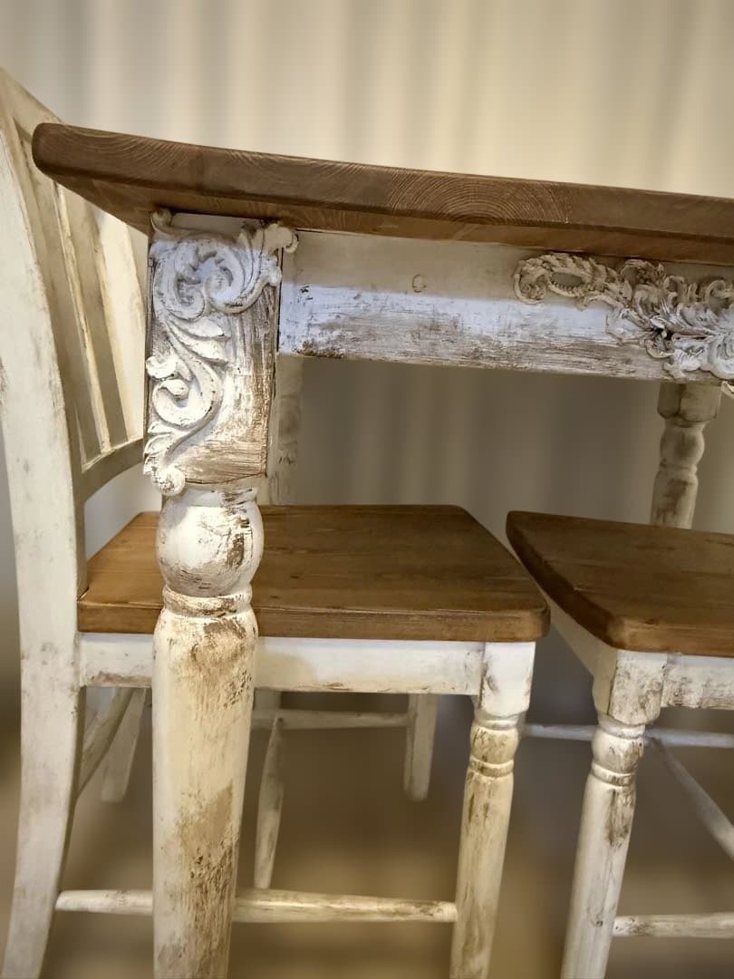 フレンチカントリー　シャビー　ダイニングテーブル3点セット　2人用　80×80