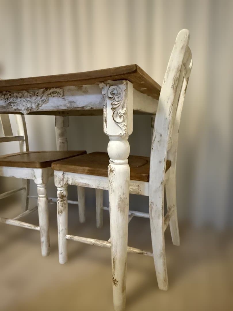 フレンチカントリー　シャビー　ダイニングテーブル3点セット　2人用　80×80