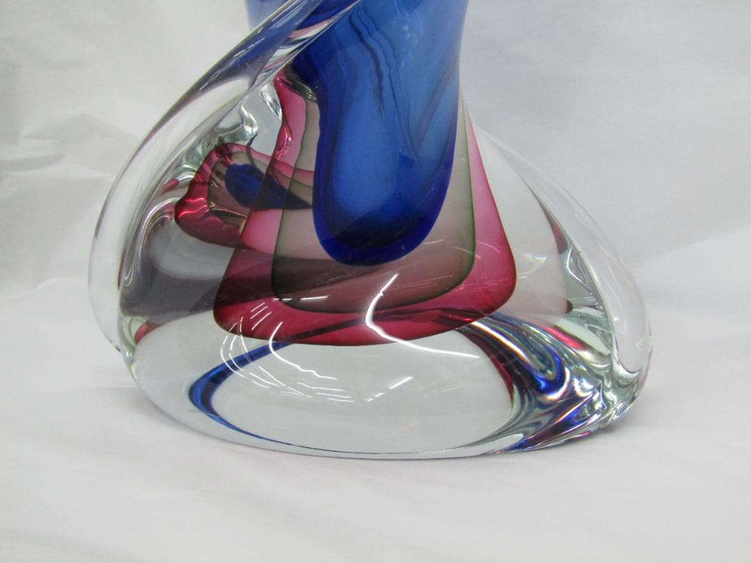 ムラーノ　クリスタルガラス　青いツイストデザインのガラス花瓶　作家物　希少品