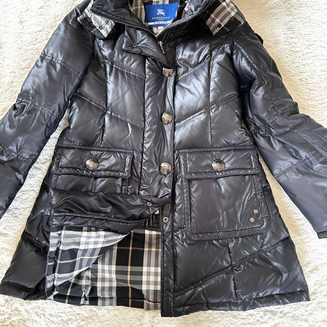 バーバリーブルーレーベル ダウンコート 裏地チェック ブラック ラクーンファーM