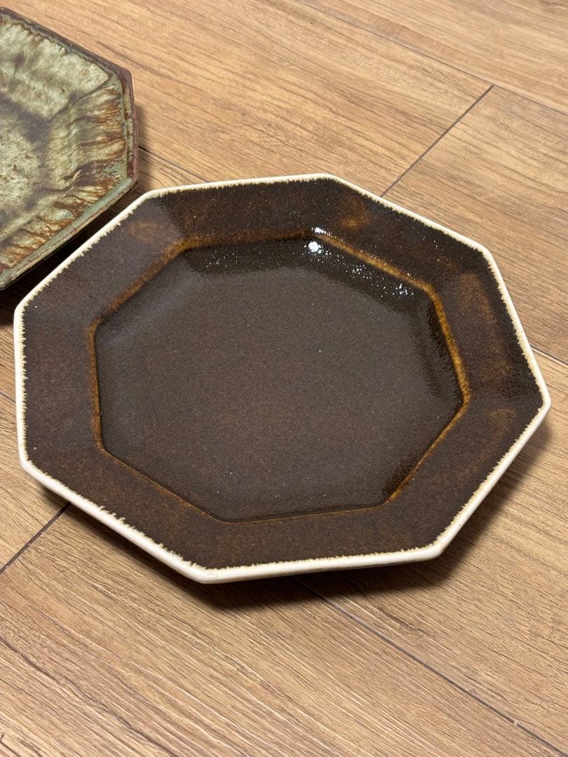 大沼道行 八角皿 Lサイズ 緑釉 黒釉 織部　　陶芸 ワンプレート 作家さん