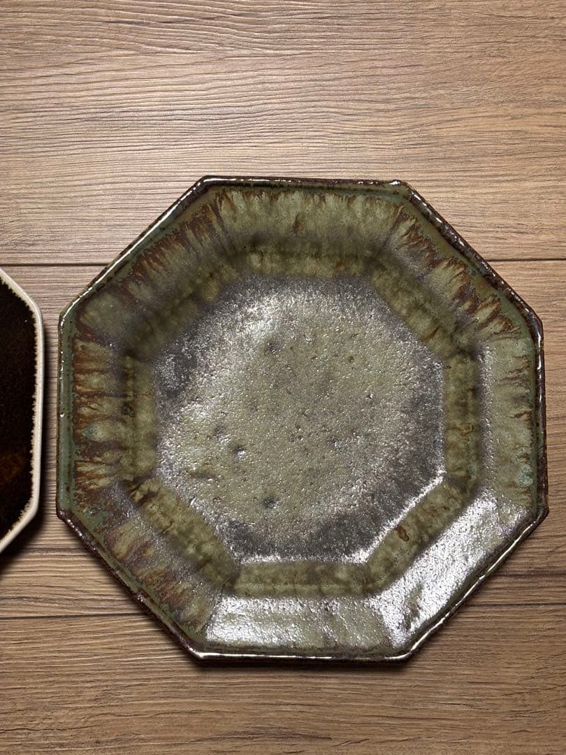 大沼道行 八角皿 Lサイズ 緑釉 黒釉 織部　　陶芸 ワンプレート 作家さん