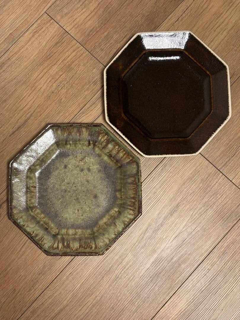 大沼道行 八角皿 Lサイズ 緑釉 黒釉 織部　　陶芸 ワンプレート 作家さん
