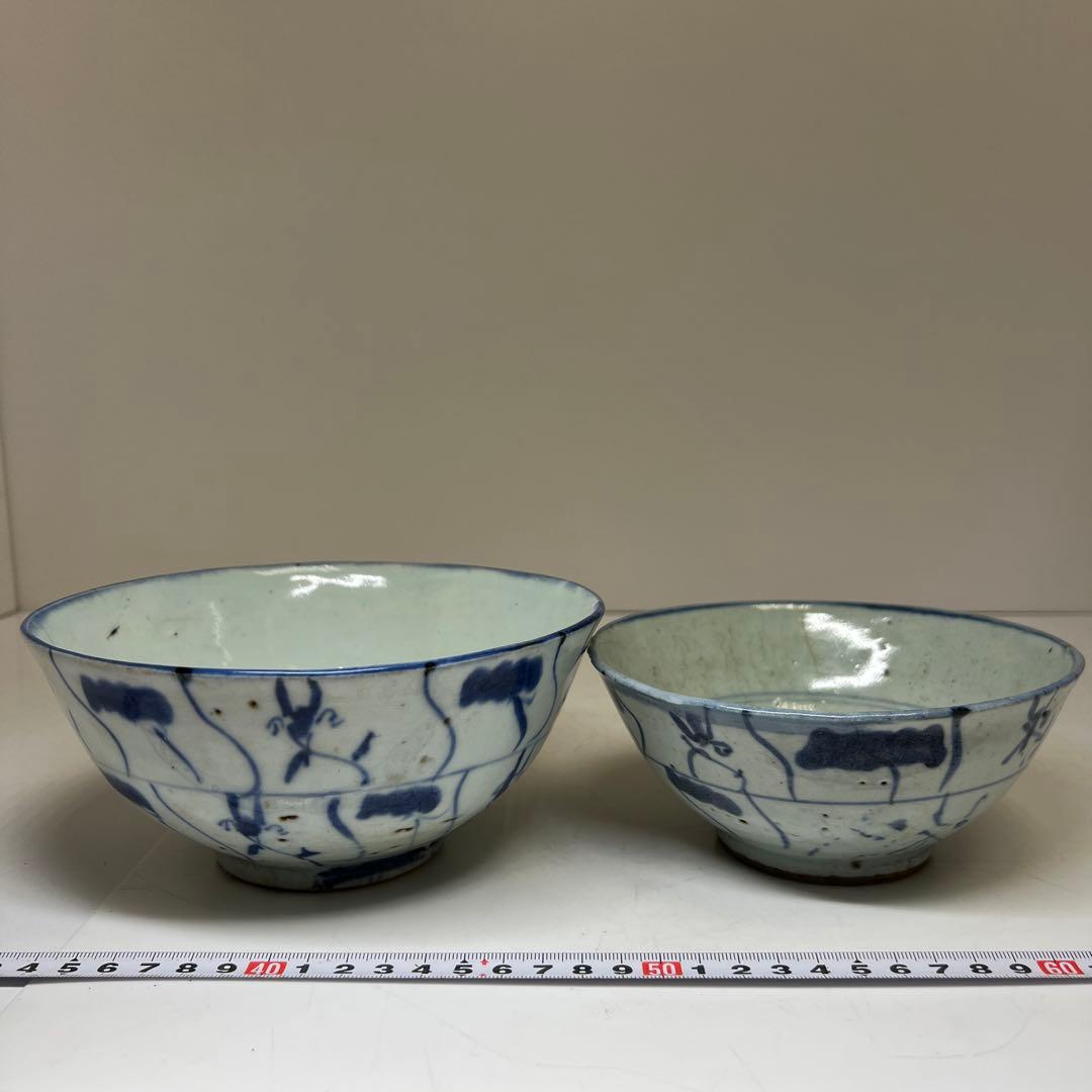 中国清朝時代　南京染付菓子鉢大小　木箱付　口径約17.8/15.5㎝