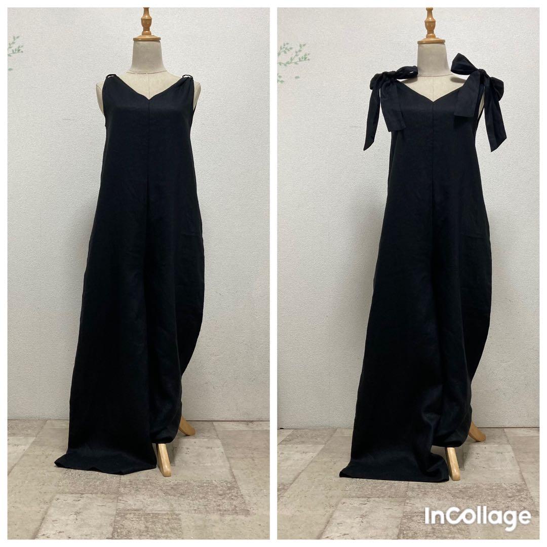 新品未使用タグ付ツルバイマリコオイカワリボン付ロングオールインワン34ブラック