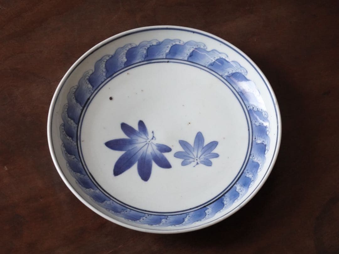 江戸時代　前期　古伊万里　藍九谷　染付　波　紅葉文　皿　飾皿　額皿　6寸皿　食器