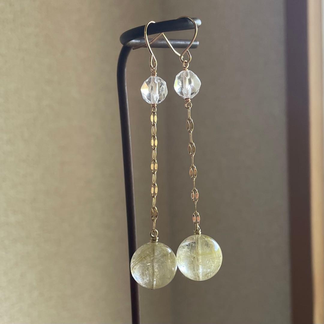 596re ゴールドルチル　ブラジル産水晶　ピアス