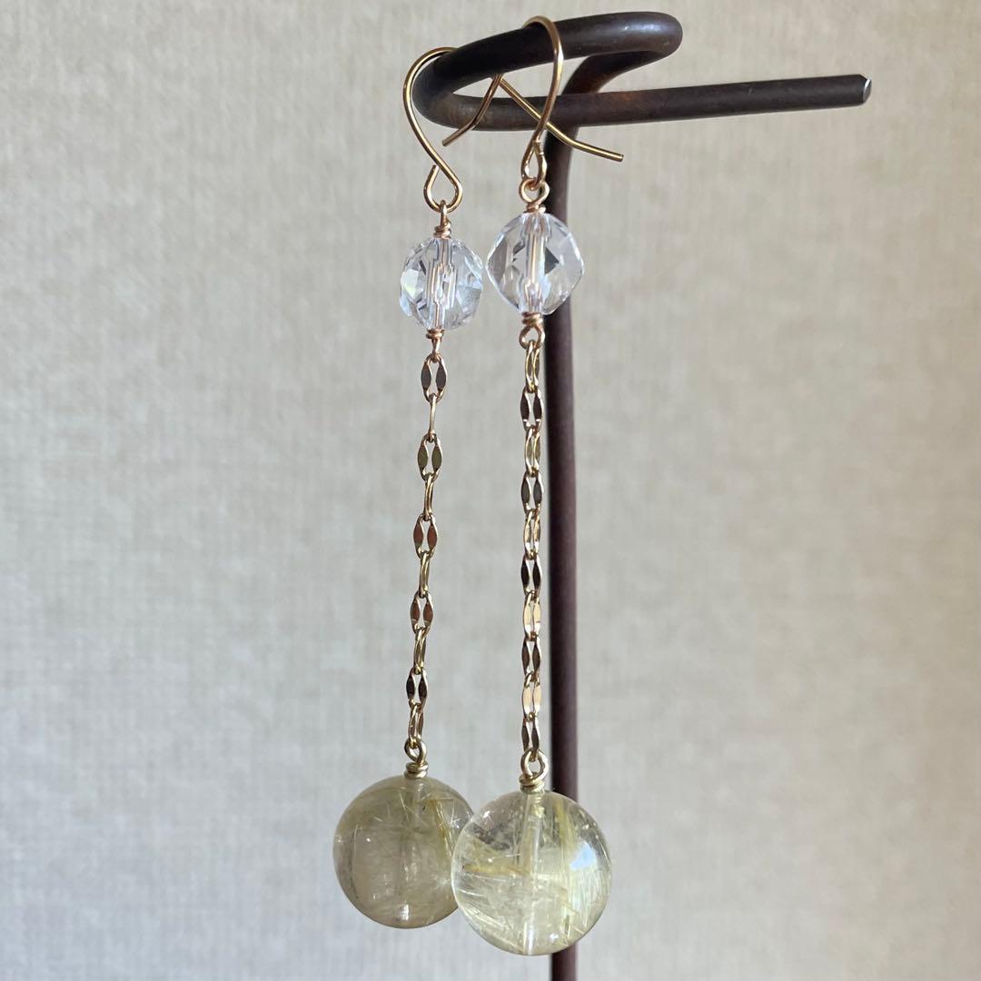 596re ゴールドルチル　ブラジル産水晶　ピアス