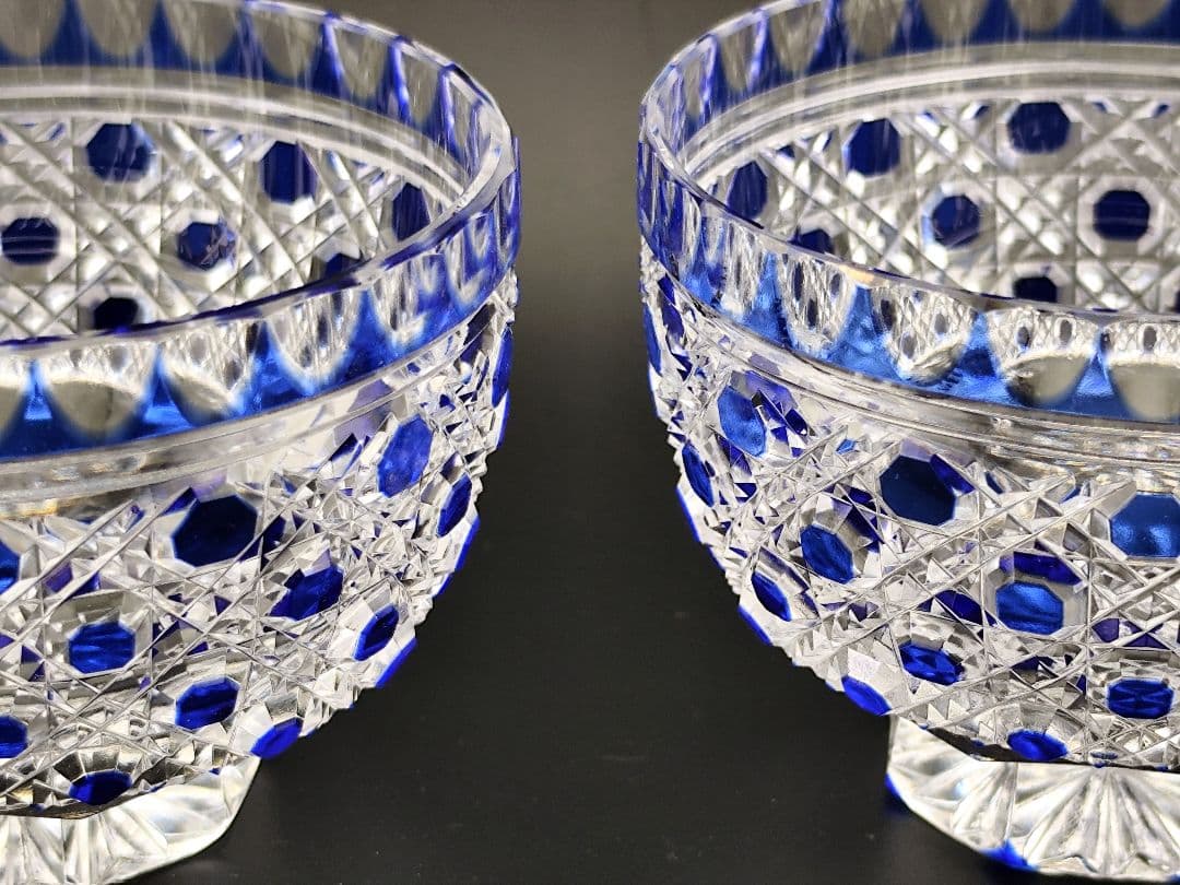 超希少品☆江戸切子 須田秀石 小鉢 瑠璃被 籠目紋（切子、江戸切子、薩摩切子）