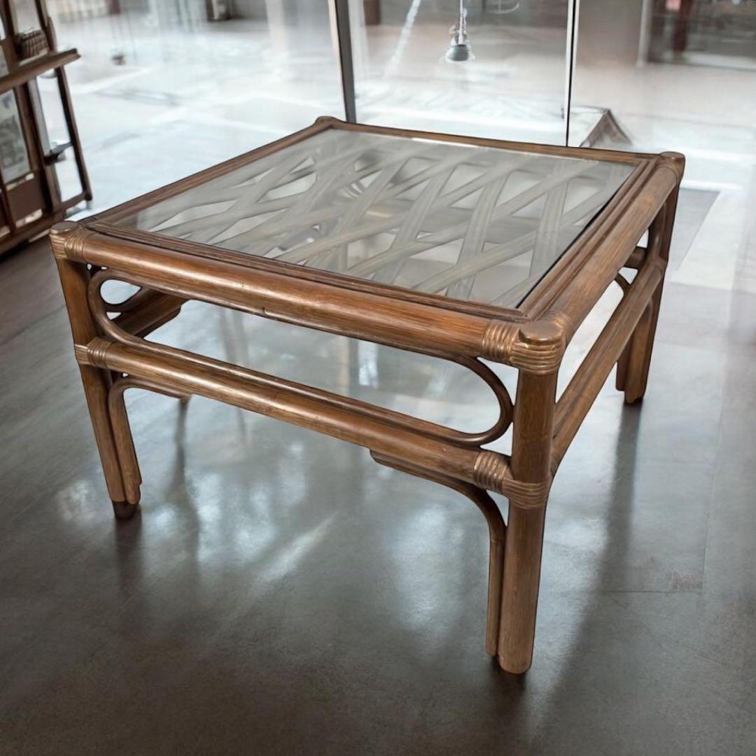 KZ035 【希少デザイン】コスガ　kosuga ラタン籐　ガラステーブル