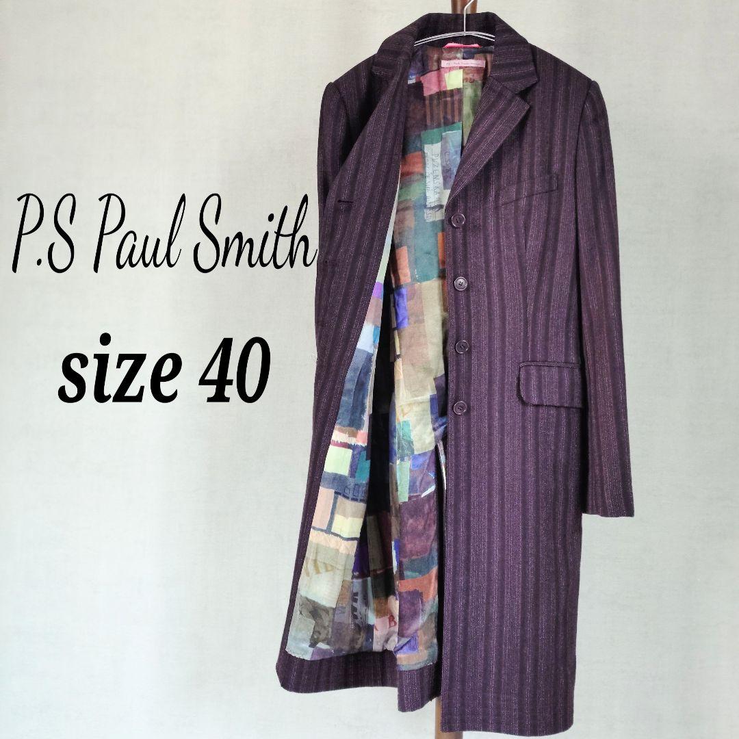 【派手】PS Paul Smith　チェスターコート　裏地総柄　花刺繍　赤焦茶