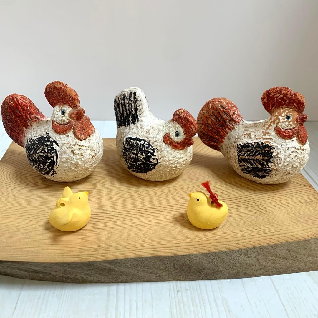 D☆ レトロ　鶏　ひよこ　にわとり　親子　焼き物　土鈴　置物