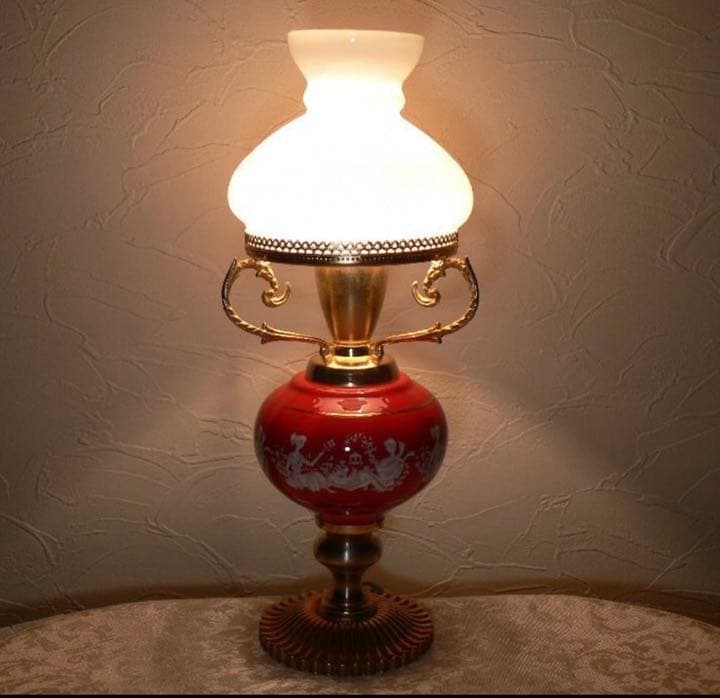 イタリア製 オイルランプ型 スタンドライト 陶器 ミルクガラス 真鍮