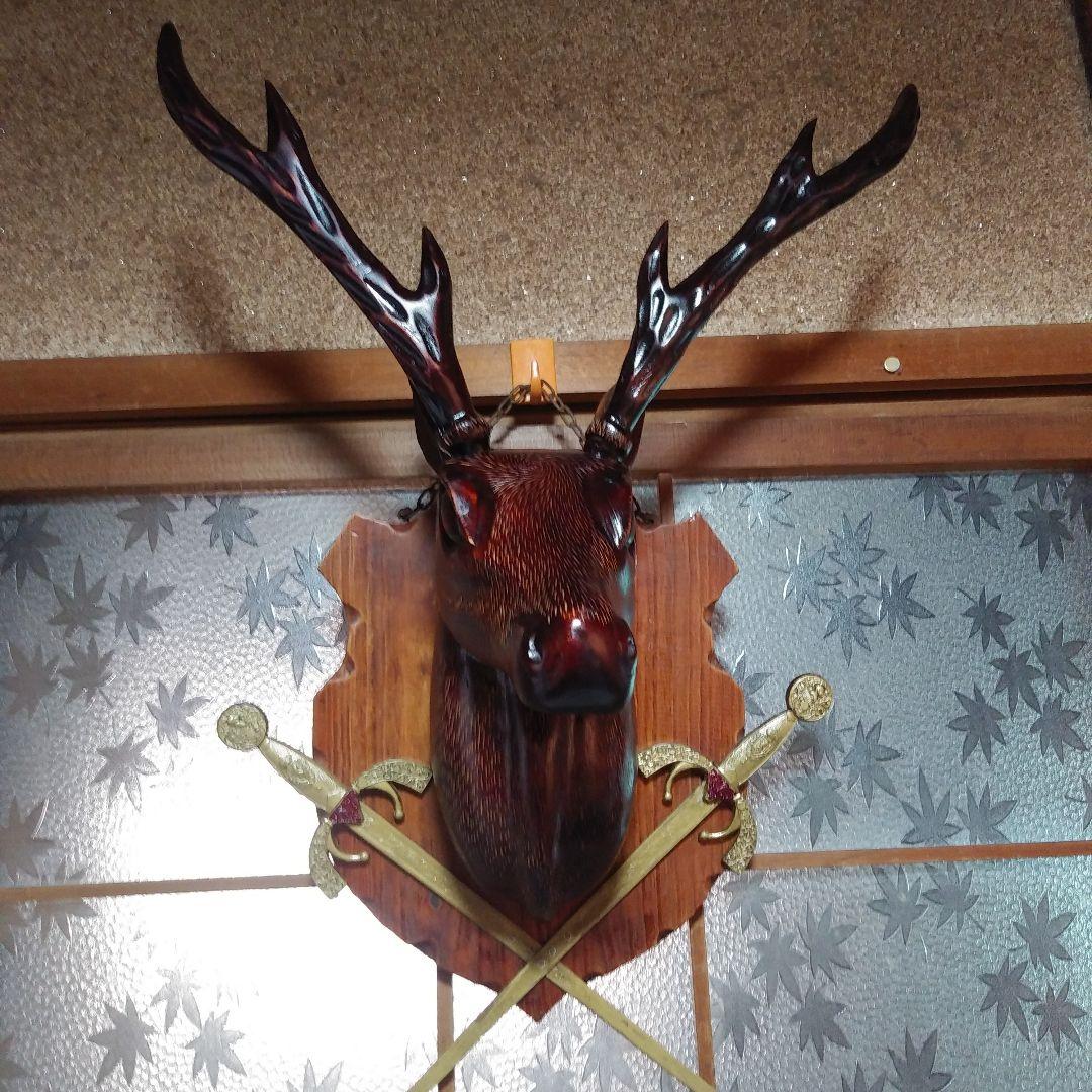 木製鹿の頭部彫刻 壁掛けオブジェ