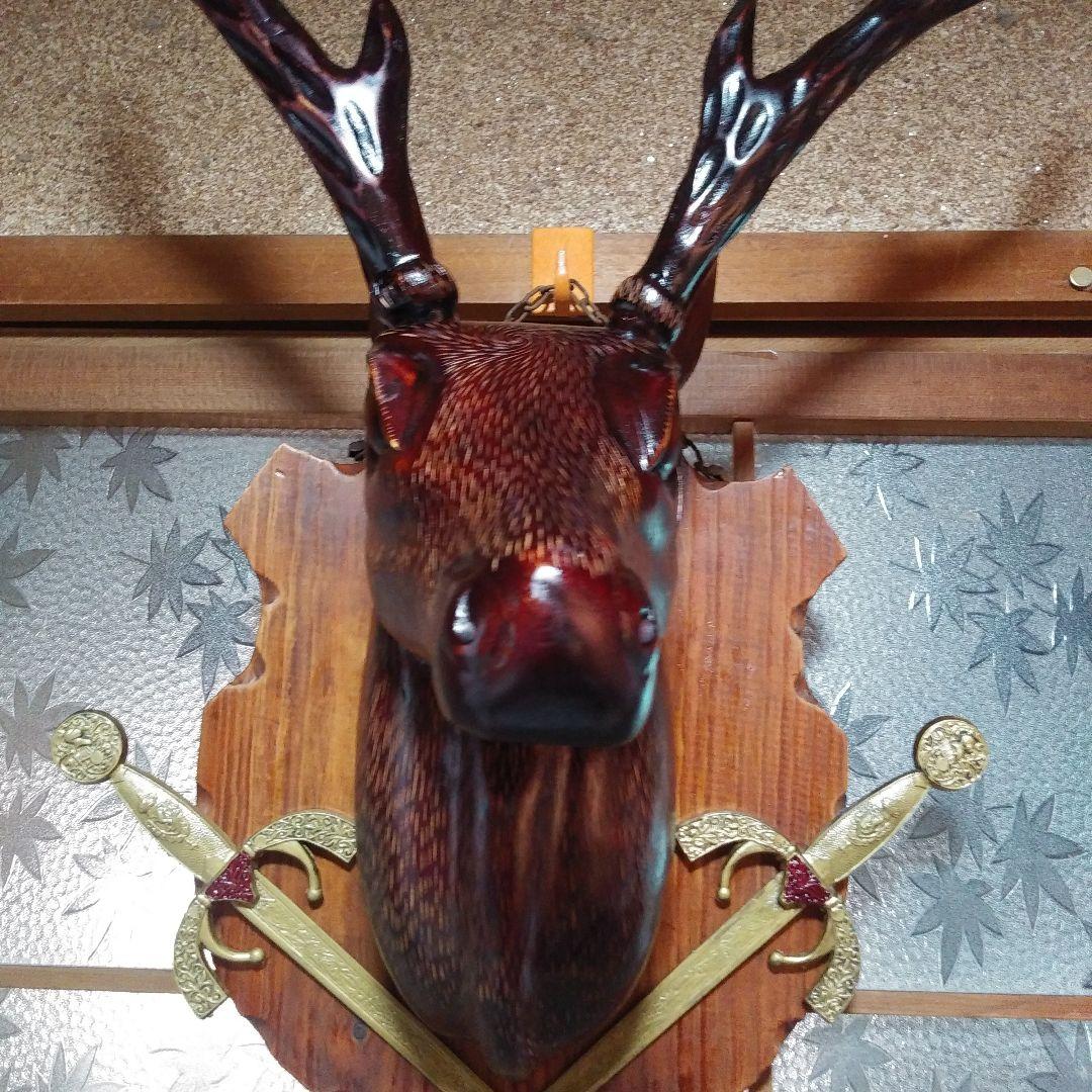 木製鹿の頭部彫刻 壁掛けオブジェ