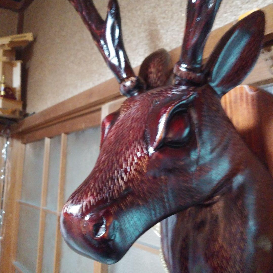 木製鹿の頭部彫刻 壁掛けオブジェ