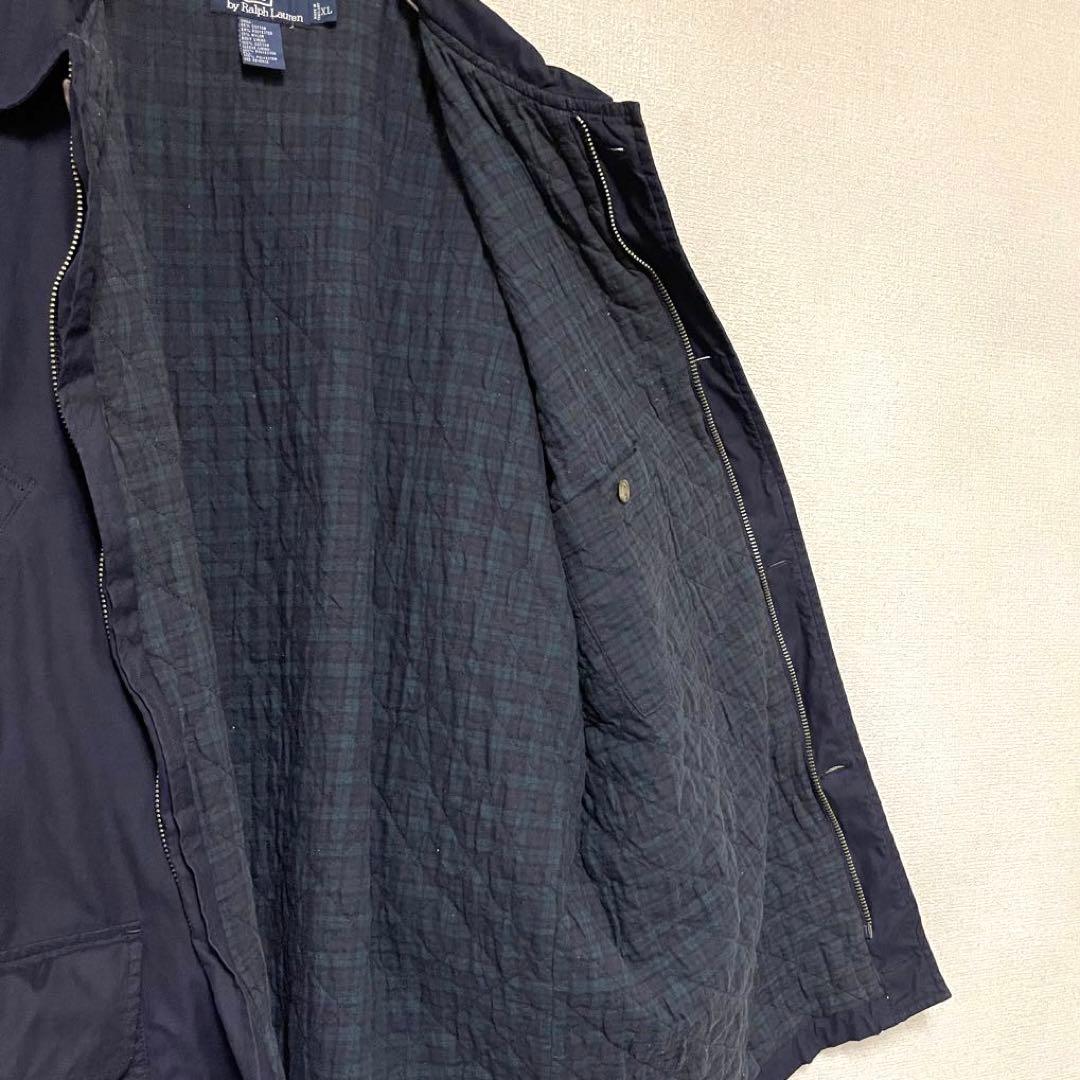 【90s】ポロラルフローレン ハンティングジャケット 中綿 裏チェック 刺繍 紺
