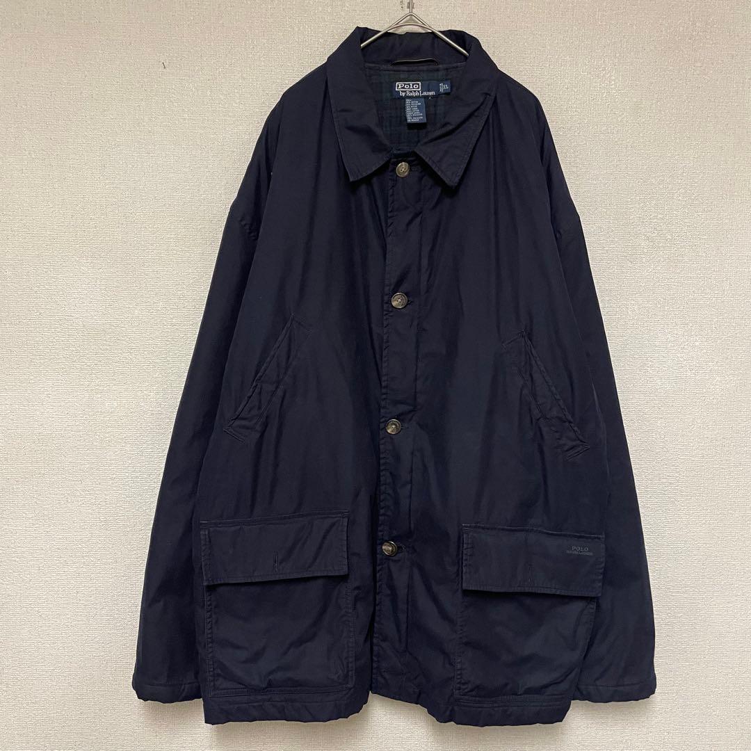 【90s】ポロラルフローレン ハンティングジャケット 中綿 裏チェック 刺繍 紺