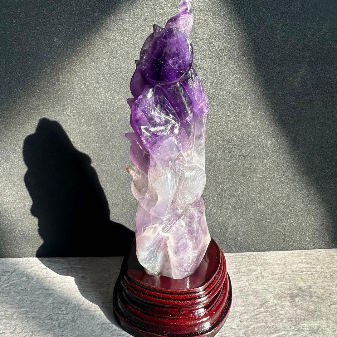 天然石アメジストの九尾の狐　置物　彫物　NO.022115