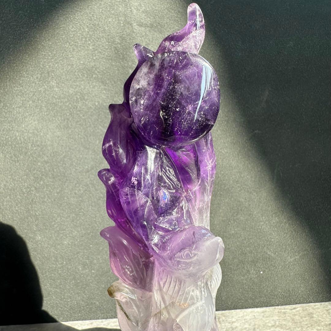 天然石アメジストの九尾の狐　置物　彫物　NO.022115