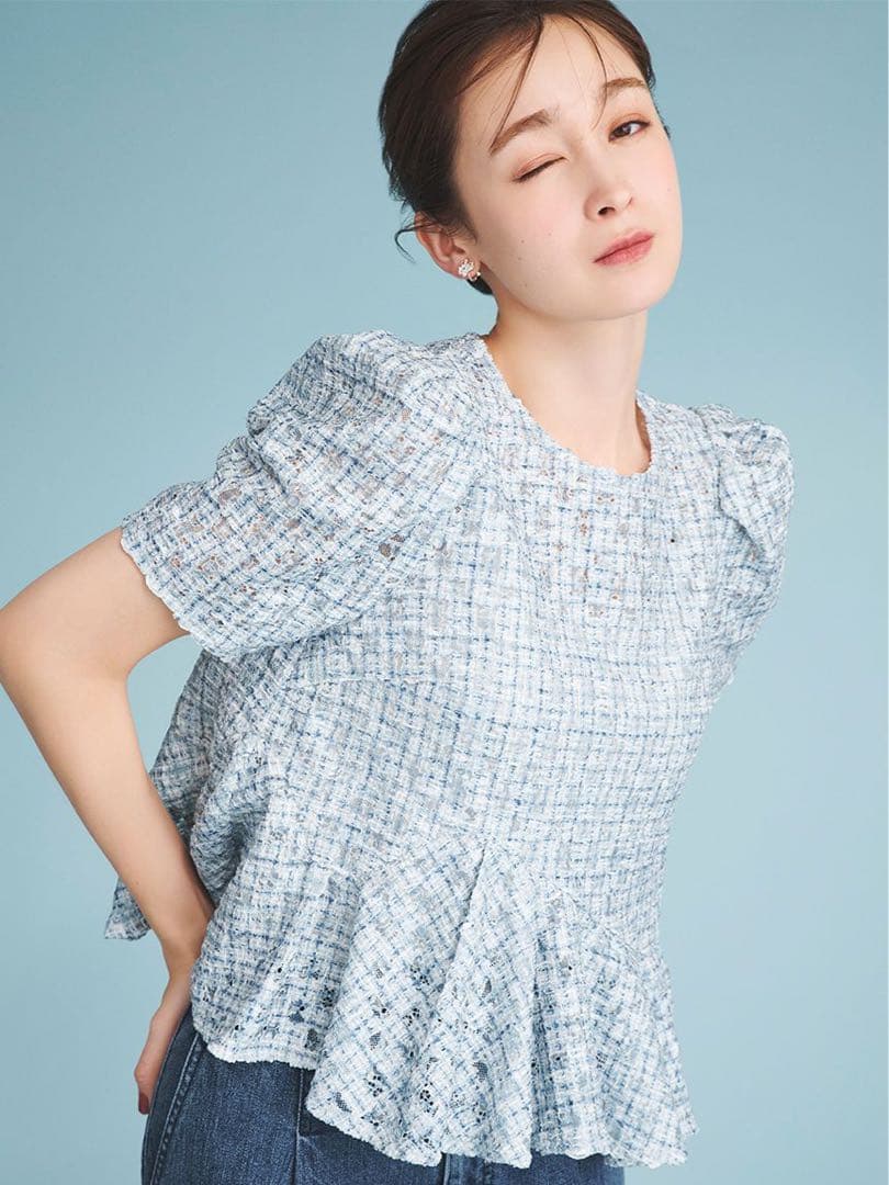 CELFORD ブラッシュドレースペプラムトップス BLU F 新品未使用タグ付